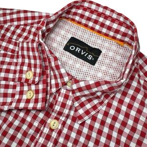 Orvis Men’s M‎ Red White Check Outdoor Long Sleeve Shirt Zip Pocket